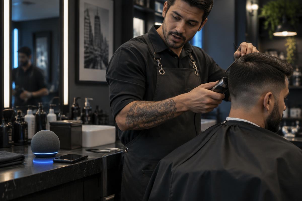 Barbeiro usa comandos de voz enquanto atende um cliente em ambiente contemporâneo.