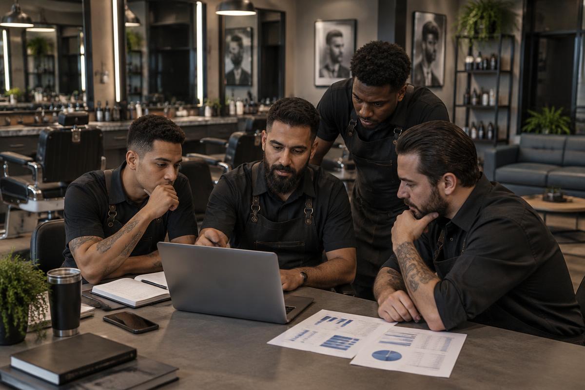 Painel financeiro de barbearia com indicadores operacionais organizados.